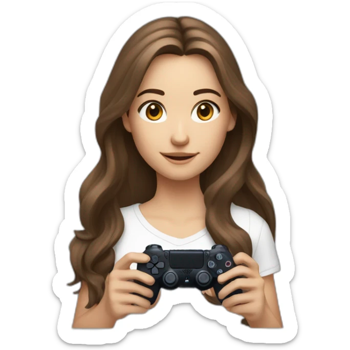 Caucasian Girl with long Brown hair holding a playstation 4 controller turned to her looking at a screen sticker