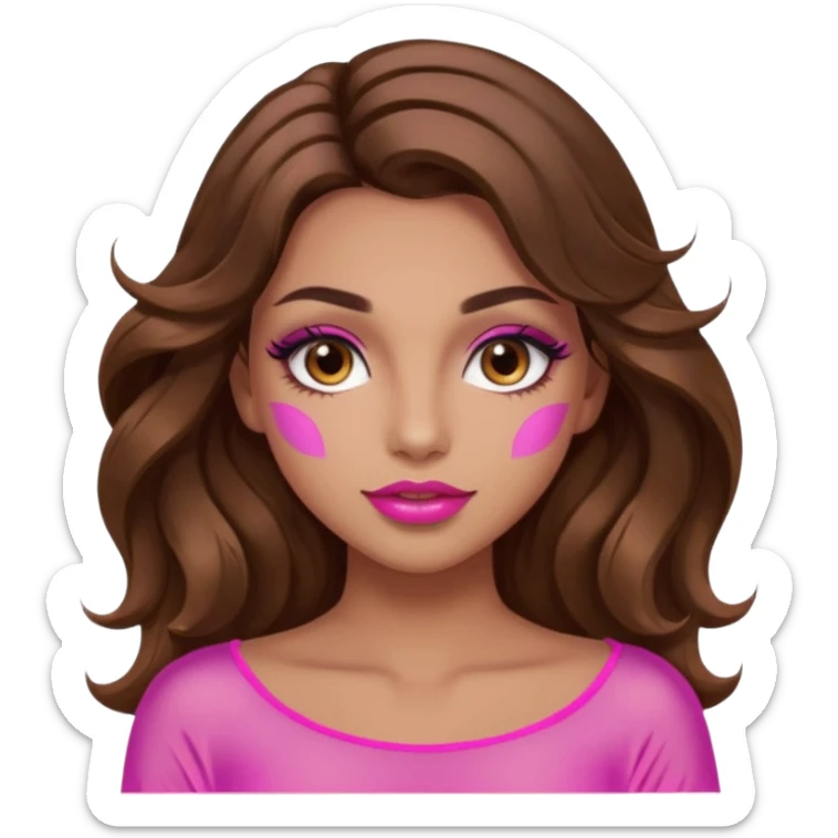girl with long wavy brown hair, brown eyes, long lashes makeup, sexy pink lips, light to medium complexion, wearing a pink sexy silk top, with the sun icon  sticker