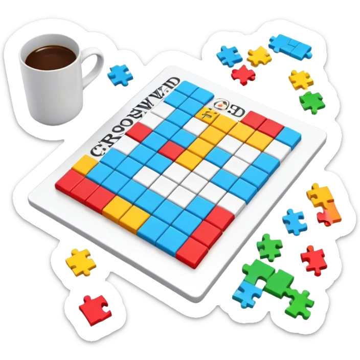 A photorealistic icon with a colorful, fragmented crossword magazine, a 3D puzzle, and a partially completed puzzle on a table. Bright, detailed design with realistic lighting. Transparent background, clearly symbolizing puzzles and brain games. sticker