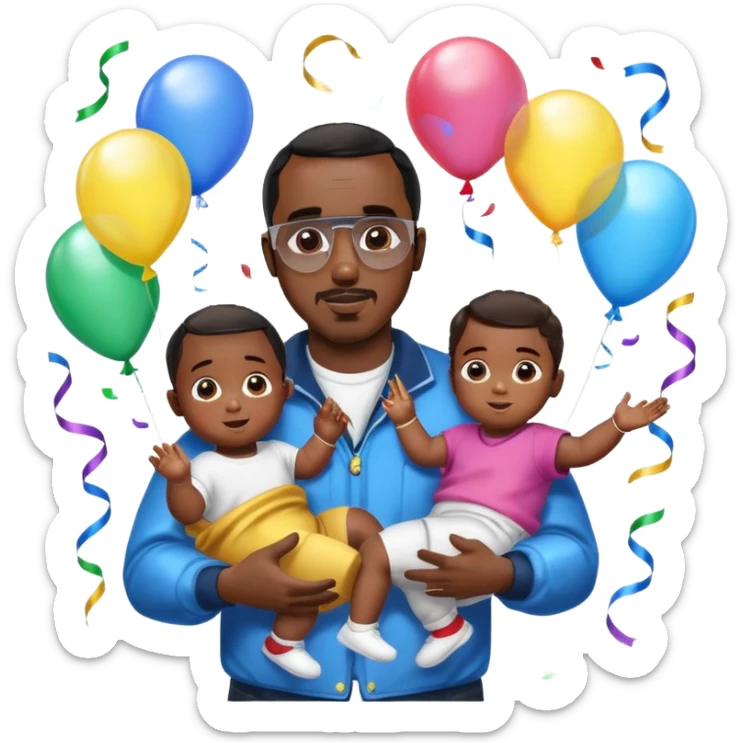 Diddy holding baby oil at a party with balloons and confetti and banners oiled up with kids oiled up sticker