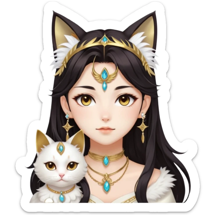 Beautiful gorgeous anime cat-lady with beautiful dark-brown-special-hair, fashion aesthetic, ethereal, feather, accessories, gold jewelries, Sumerian, Genshin Impact, Tufted cat ears, sticker