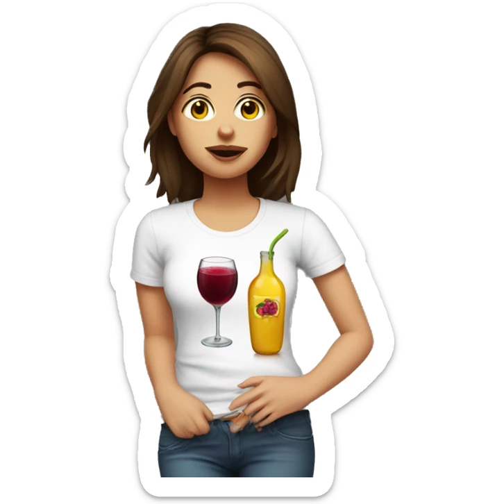 girl in brown hair, white t-shirt with sangria and with hangover on her arm sticker