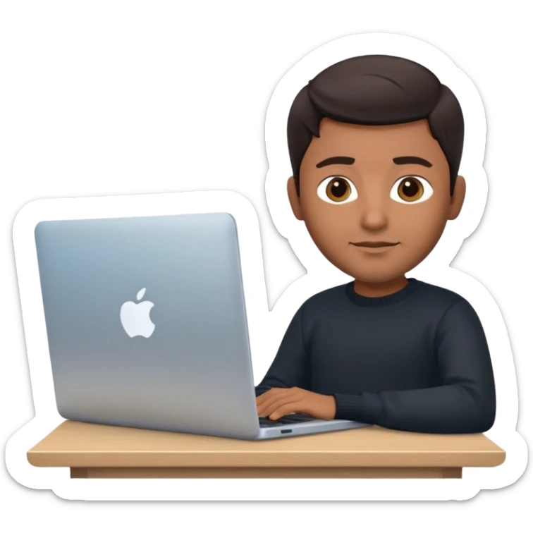 memoji of a man with a laptop in front, apple-style, modern, dark hair, black sweater, Indian brown skin, sitting at his desk, light blue gradient background sticker