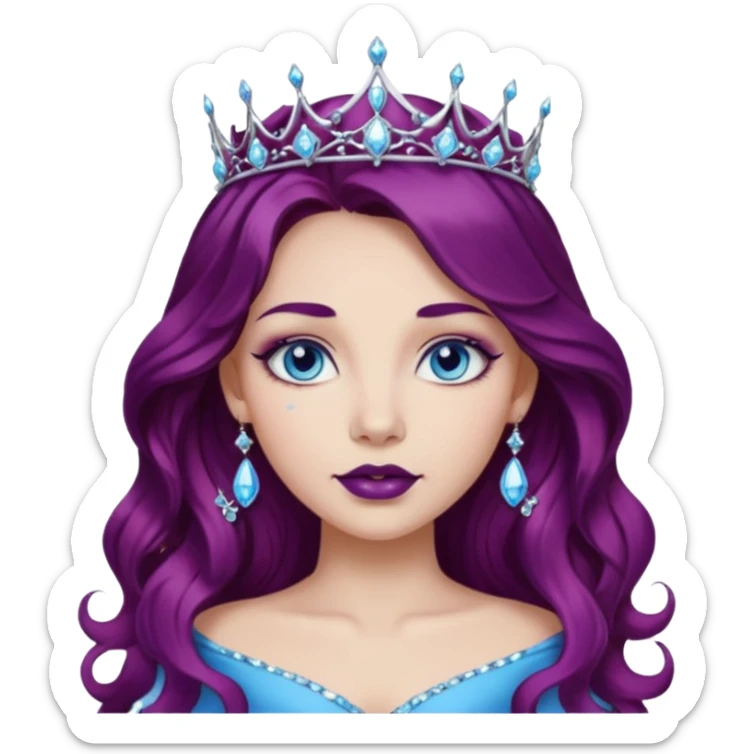 Gorgeous girl with long wavy plum color hair,  diamonds and blue gemstones tiara princess tattoo, dark lipstick, blue eyes  sticker