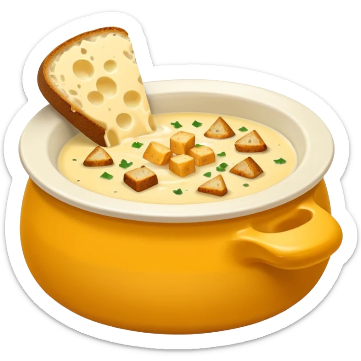 cheese soup with garlic, and cubes of dry dark bread in bowl sticker