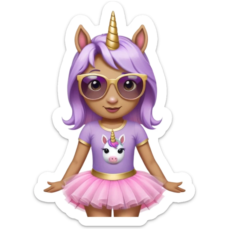 head and shoulders portrait of a friendly anthropomorphised female unicorn in tutu and pink t-shirt, wearing dark sunglasses, lavender and gold color scheme sticker
