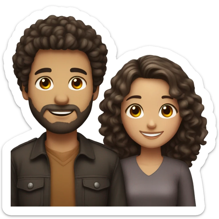 Happy couple : girl brown hair and brown eyes, boy dark curly hair with beard sticker