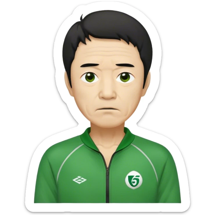 Seong Gi-hun : age 60, skinny and bony face, small mouth, unkempt black hair and tired eyes, Green player tracksuit. sticker