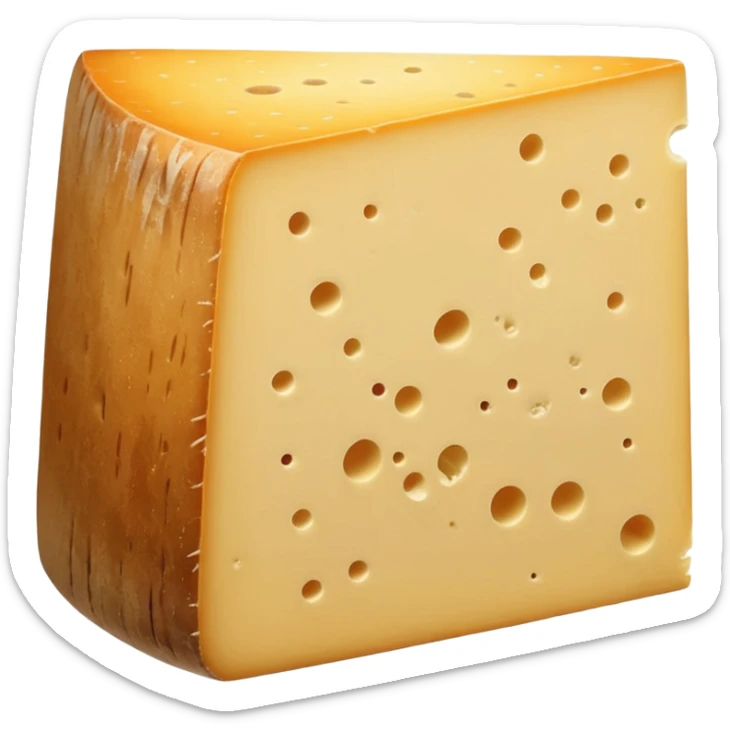 thick wedge of cantal cheese with firm pale yellow interior and rough natural beige-brown rind, dense slightly crumbly texture, clean slice, subtle aging marks, soft lighting, subtle shadows, emoji scale sticker