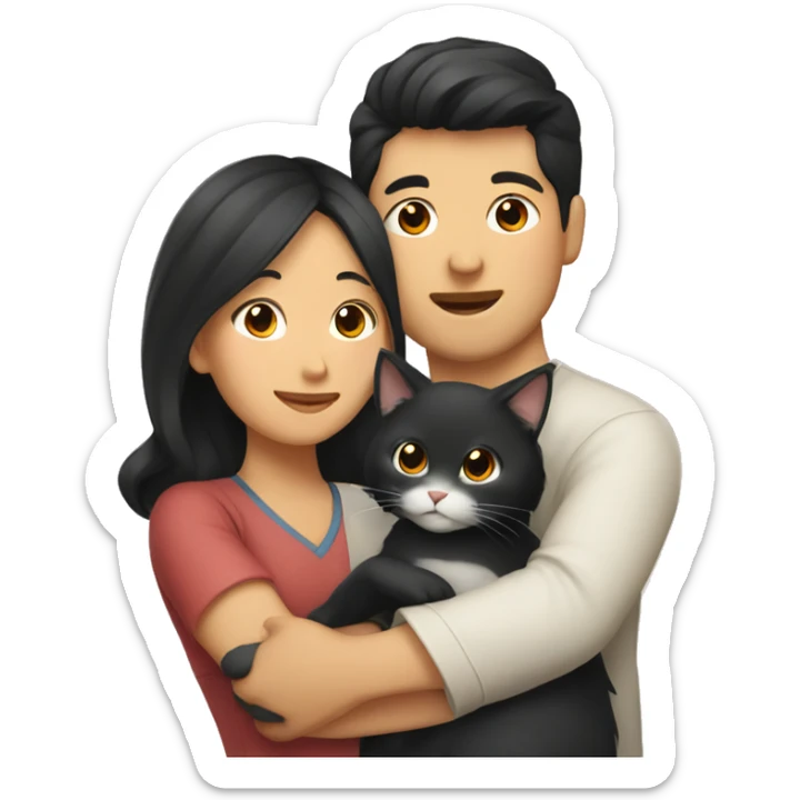 Asian Woman with black wavy hair hugging asian man holding a cat sticker