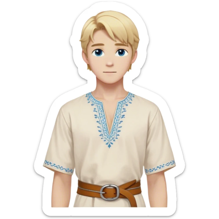 Medieval summer outfit worn by a DnD themed fantasy male character. Light cotton tunic in natural cream color with short sleeves, embroidered with simple floral patterns at the hem, paired with a thin leather belt. Clothes only above the waist, full waist coverage. The character has no arms. Character is white-skinned with golden blonde hair styled in a classic page-cut that falls just above the ears, slightly longer in the back, bright blue eyes, and youthful features. sticker