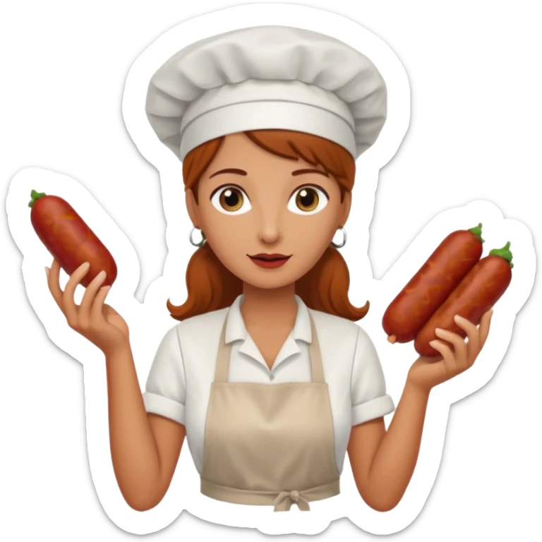 Charcuteraa con un chorizo y embutido en la mano con una redecilla en el pelo y delantal blanco sticker