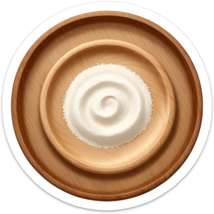 small sprinkles of flour on circular wooden slightly curved plate sticker