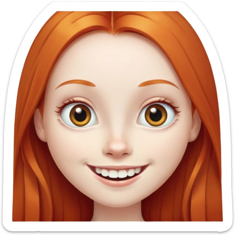 traditional emoji of young girl with very pale skin, long straight bright ginger red hair, very big wide human eyes positioned close together, wide nose, big smile with extremely large prominent teeth showing, classic round face sticker