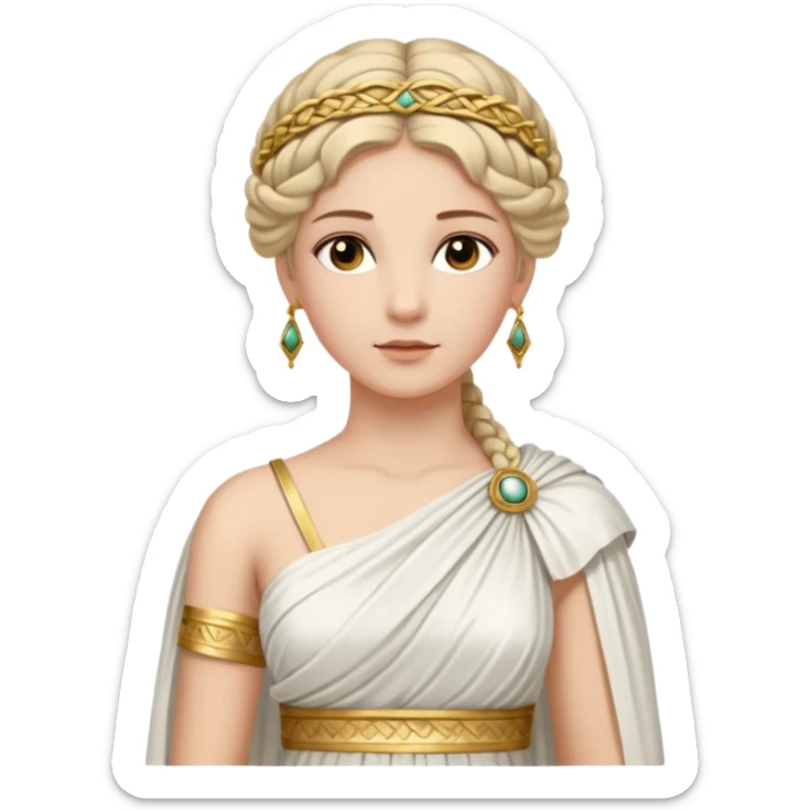 An emoji portrait of an ancient Roman princess. She wears a white stola dress with a gold-trimmed palla draped over her shoulders. She has an intricate braided hairstyle adorned with a delicate gold diadem. Her expression is calm and dignified. sticker