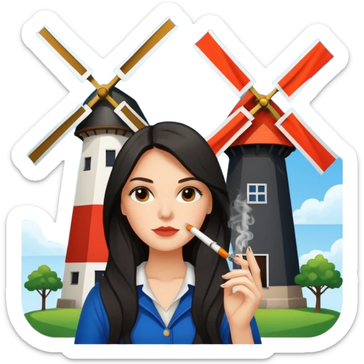 Windmill with on top ot the building a dutch flag and a white girl with dark long hair smoking a joint sticker