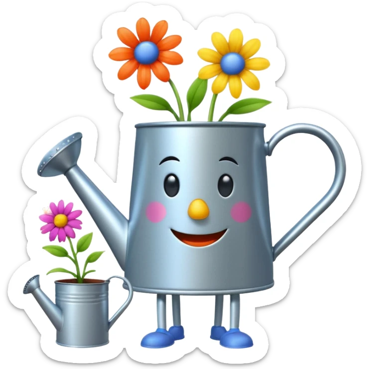 give me a watering can with legs. anthropomorphise the can. have the can watering 3 plants on the grown (flowers) sticker