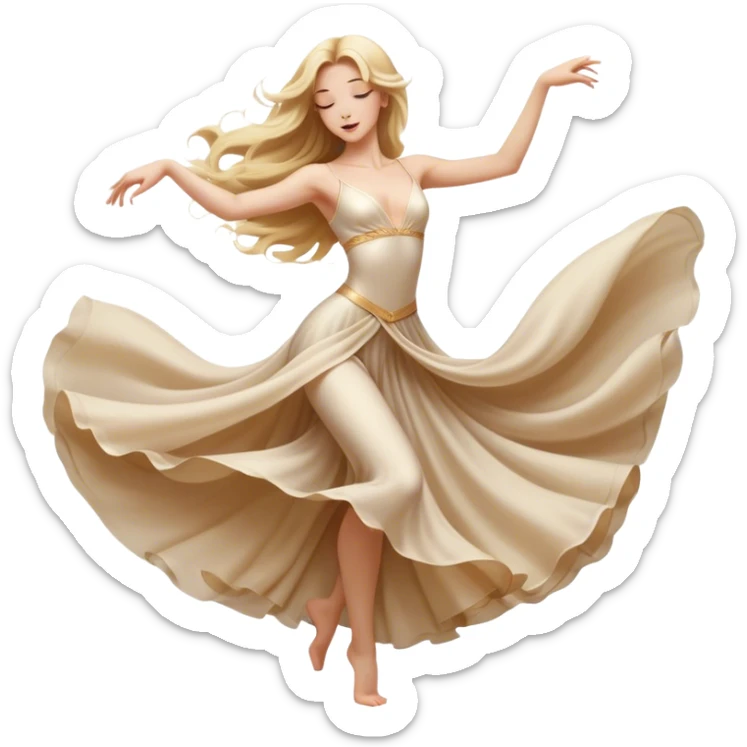 A blonde girl with long hair in a cinematic realistic dancing pose, elegant movements of the dancers, the soft fabric of their outfits flowing to the beat of their movements, spectacular lighting emphasizing graceful lines radiating passion and poise. sticker