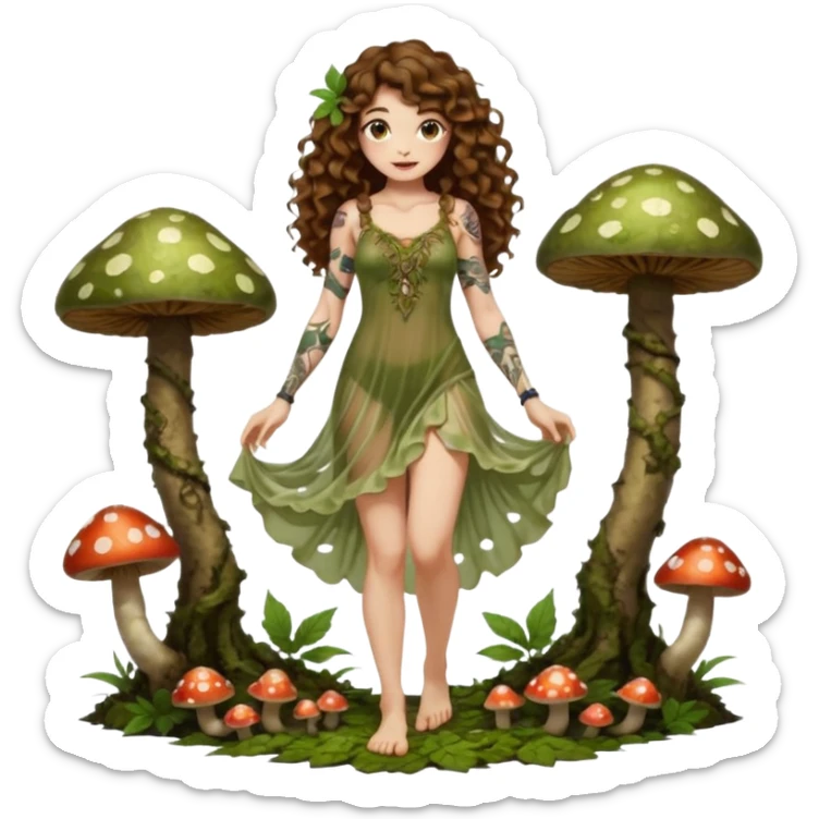 full body view of a woman with long curly brown hair, brown eyes, white skin, tattoos, wearing a sheer moss and leaf dress, standing barefoot on glowing mushrooms, confident pose, slight smirk sticker