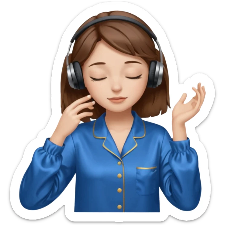 chica con pelo castaño ojos cerrados escuchando musica en pijama azul modo clean girl sticker