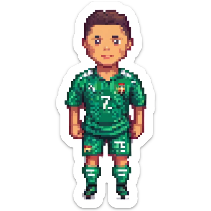pixel art portrait of Ronaldo, football legend, in classic kit, pixelated style sticker