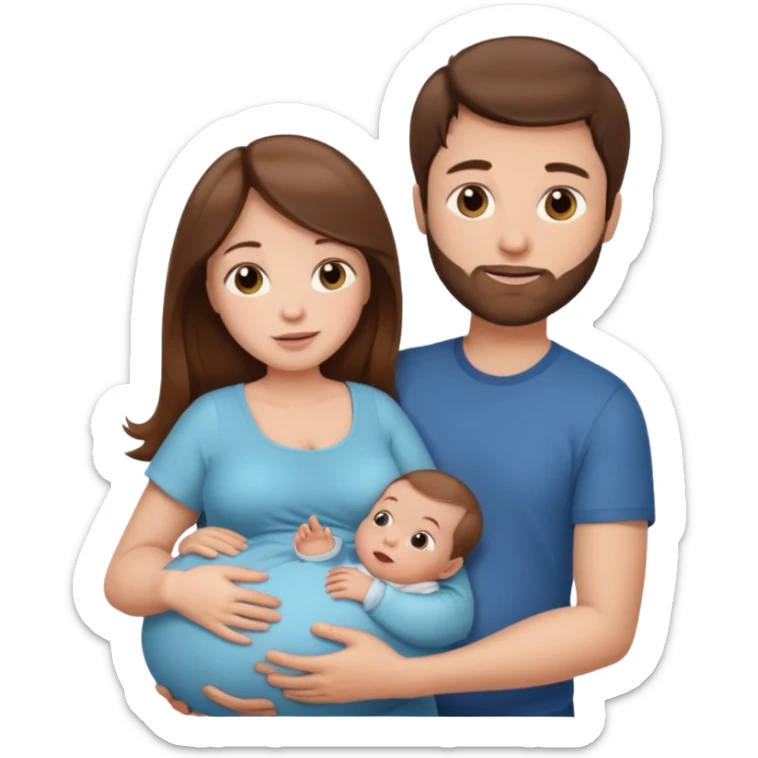 Pregnant woman with long brown hair and fair skin, and man with short brown hair and fair skin, and a baby in the woman's arms.

 sticker