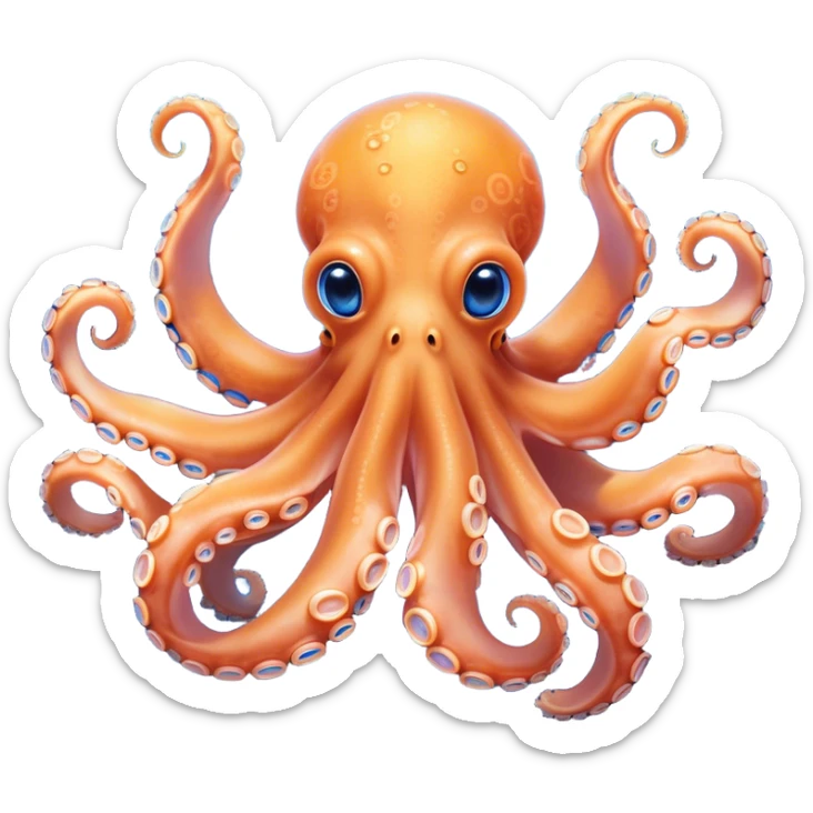 Cinematic Noble smiling Octopus Portrait Emoji, Poised and enchanting, with a light orange body adorned with vibrant blue rings and eight delightfully curling arms with gentle suckers, large sparkling eyes exuding warmth and playfulness, Simplified yet charmingly expressive features, highly detailed, glowing with a soft, magical underwater radiance, high shine, intelligent and irresistibly cute, stylized with an air of whimsical marine enchantment, focused and fluid, soft glowing outline, capturing the essence of a watchful and endearing octopus that appears ready to float out of the screen with delightful charm! sticker