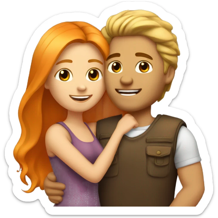 couple hug with warm smiles. The Girl have Brown Long hair und the man blond/orange hair sticker