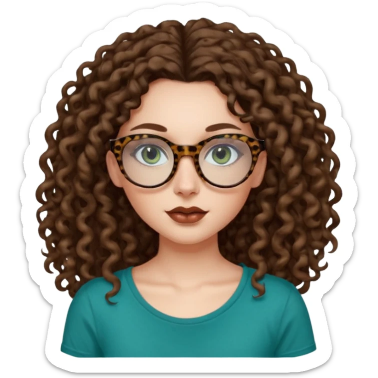 a blue green eyed woman with very very long brunette curly hair, full lips,and pale skin. She is wearing a leopard printed thin round-ish glasses . She is wearing a brown tshirt with a wide neck opening. sticker