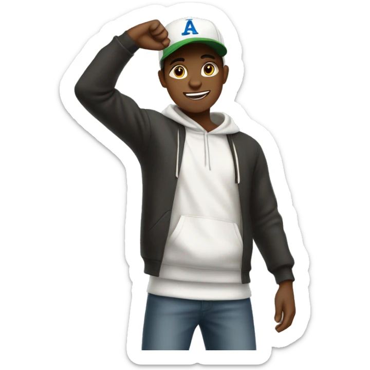 Black teenager wearing baseball cap with hoodie and arms up sticker