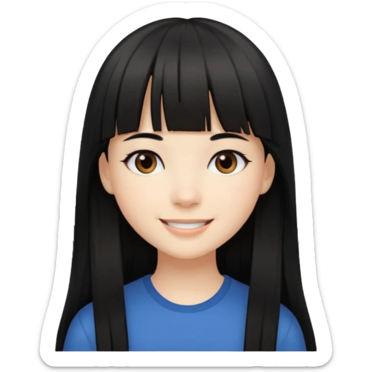 Girl with fair skintone, long straight black hair with bangs, and dark brown eyes, smiling, sticker
