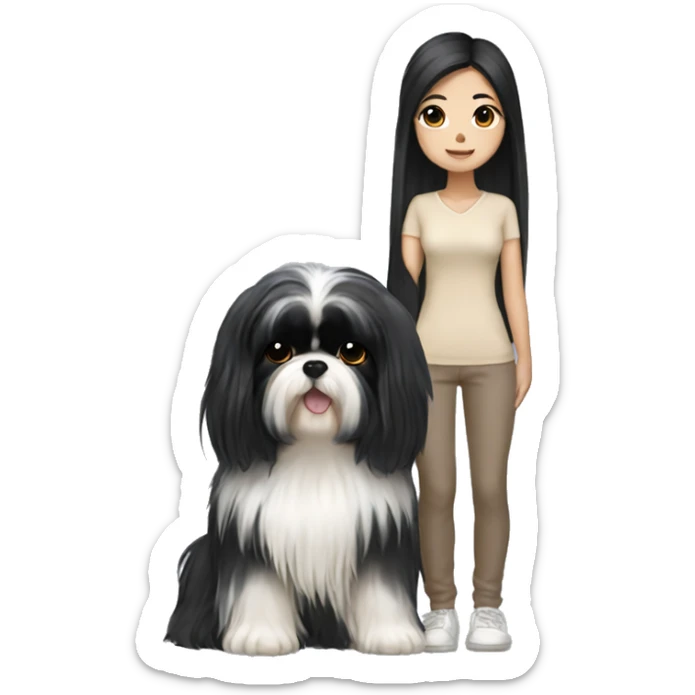 long black hair korean girl with beige and black shih tzu yorkie  sticker