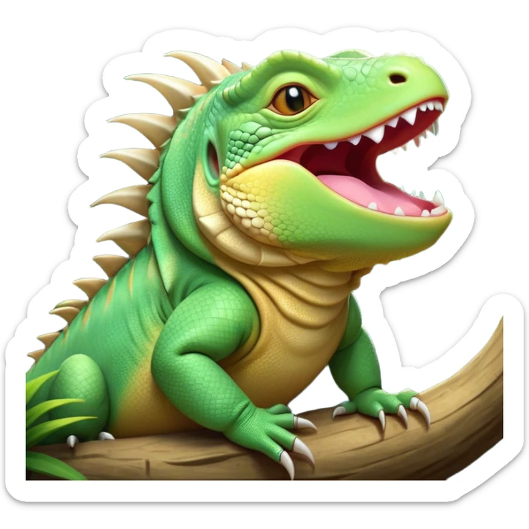 Cinematic Cute Yawning Iguana Portrait Emoji, Head tilted slightly with a dramatic, wide-open yawn, showcasing a sturdy, scaled body with a softly drooping spiky crest and sleepy, half-closed eyes, Simplified yet irresistibly adorable features, highly detailed, glowing with a soft, cozy jungle glow, high shine, relaxed yet expressive, stylized with a dash of whimsical charm, soft glowing outline, capturing the essence of a drowsy yet affectionate iguana that appears ready to stretch out for a nap! sticker