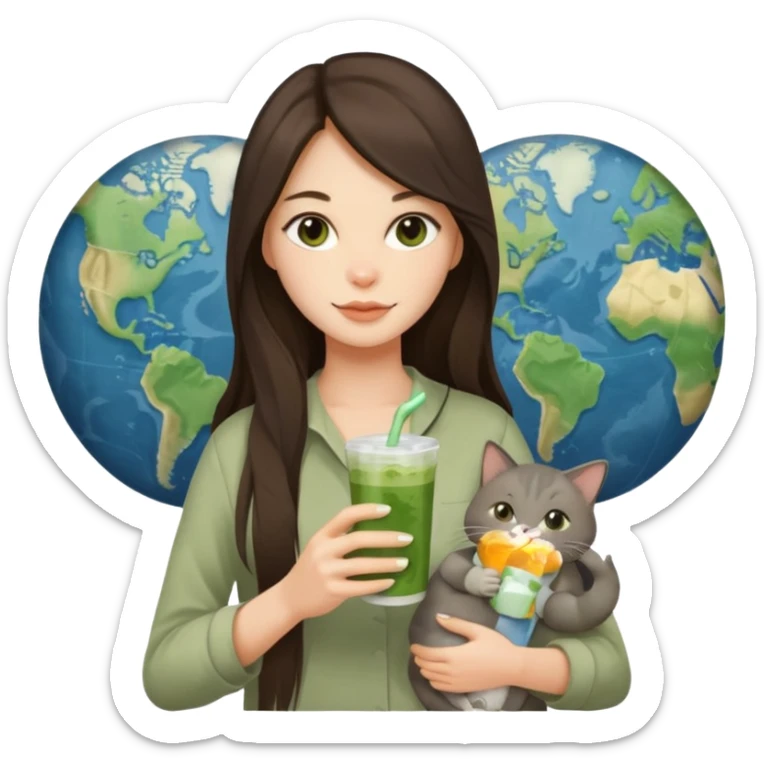 a brunette woman with long hair in here 30S drinking an iced matcha, carrying a grey cat and a map of the world sticker
