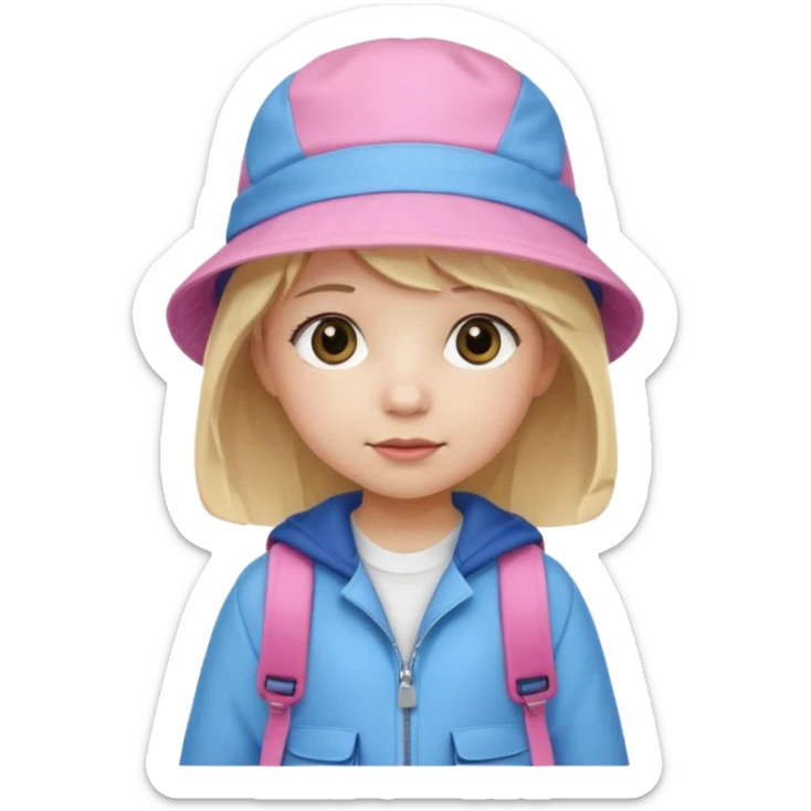 A little girl student white skin, blonde hair, with pink bucket hat, white jacket, blue backpack sticker