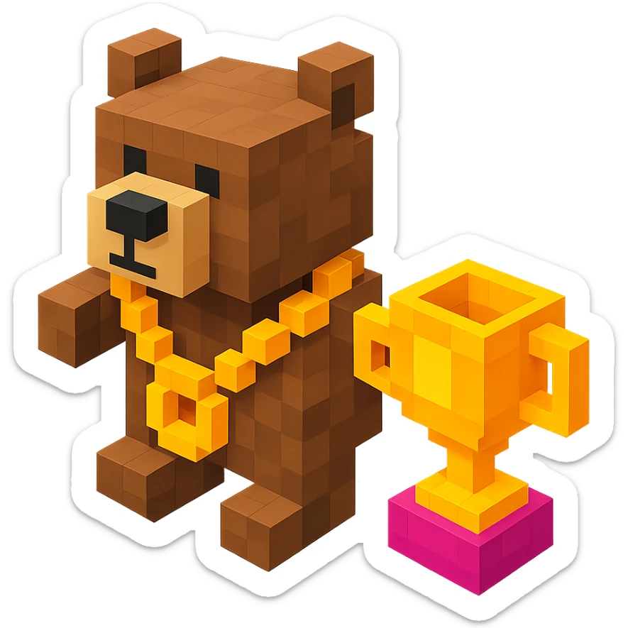 Russian grizzly bear with a rapper chain and a trophy sticker