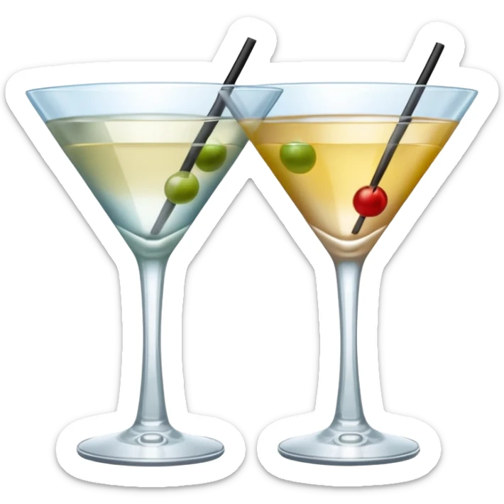 two realistic glasses of cocktail in emoji style,  martini glass shape, no straw, no fruit, no ice, no Cocktail sticks sticker