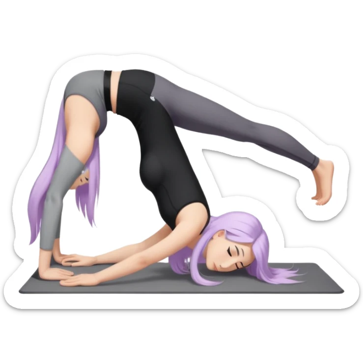 Девушка белокожая в позе собака мордой вниз, с длинными светло-лиловыми волосами, в черном топе, в серых спортивных штанах, с черными ресницами sticker