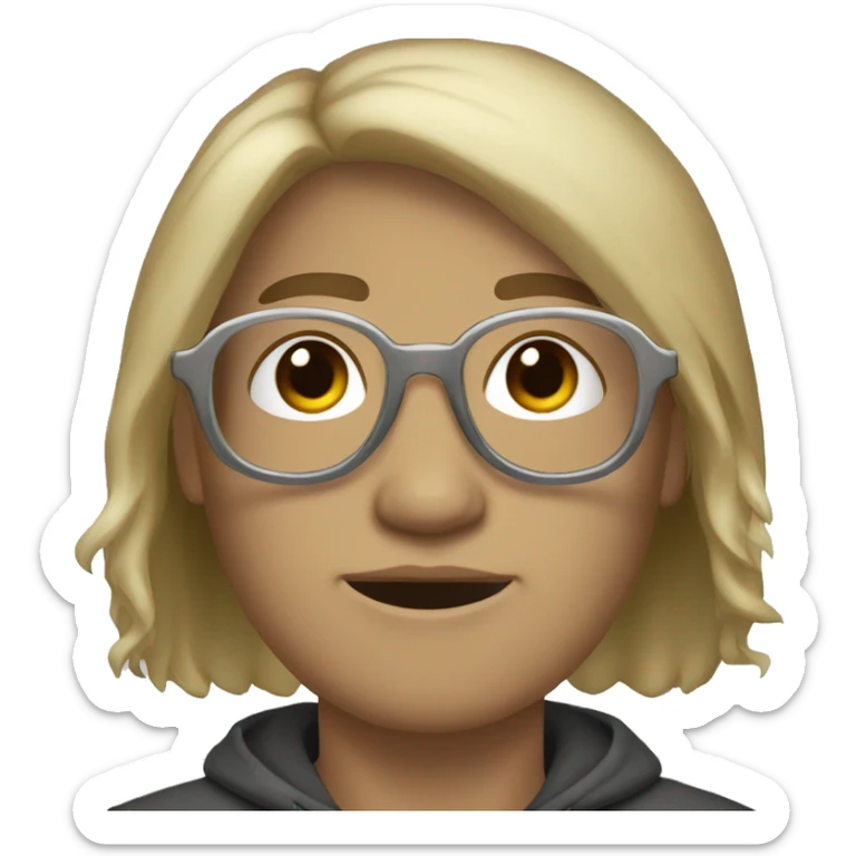 Ashy blond hair, dark eyes, round silver glasses, round nose, dark goatie sticker