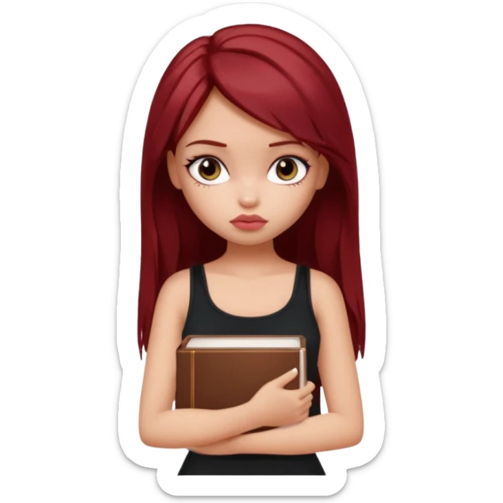 a pretty bratz fair girl with dark red straight hair, black cami top, looking sad holding books. looking sad sticker