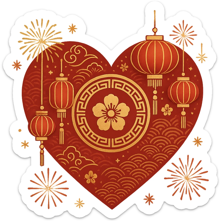 heart with Lunar New Year theme, red and gold colors, lanterns, fireworks, traditional Chinese patterns sticker