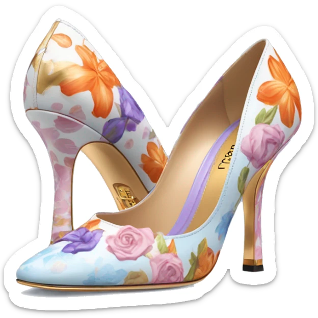 Dolce and Gabbana high heels with white and colourful lavender light blue orange pink summer print and golden detais 2023 sticker