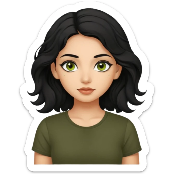 a pretty FAIR indian bratz girl with wavy black hair, wearing a black tee. eyeliner on, olive green eyes.  sticker