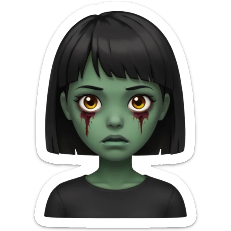Zombie girl emoji verde escuro com cabelo curto liso preto no ombro e franja na altura da sobrancelha cobrindo completamente a testa, usando uma blusa preta, com olhos castanhos escuros sticker