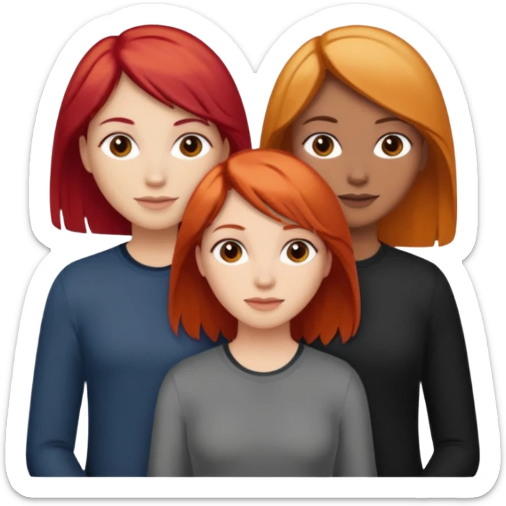 Can you create an image of 3 friends together one with red bright hair light skin one the other with brown hair with some blonde highlights in the hair fair skin the last one with light brown a tint of orange hair and black hair sticker