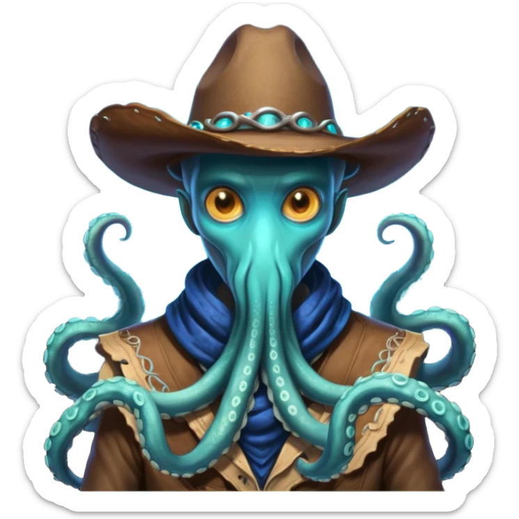 Close-up portrait of a tentacled alien cowboy, subtle glowing bioluminescent skin, tentacles partially hidden under a cowboy scarf, mysterious expression, dramatic shadow lighting, high detail, sci-fi western fusion
 sticker