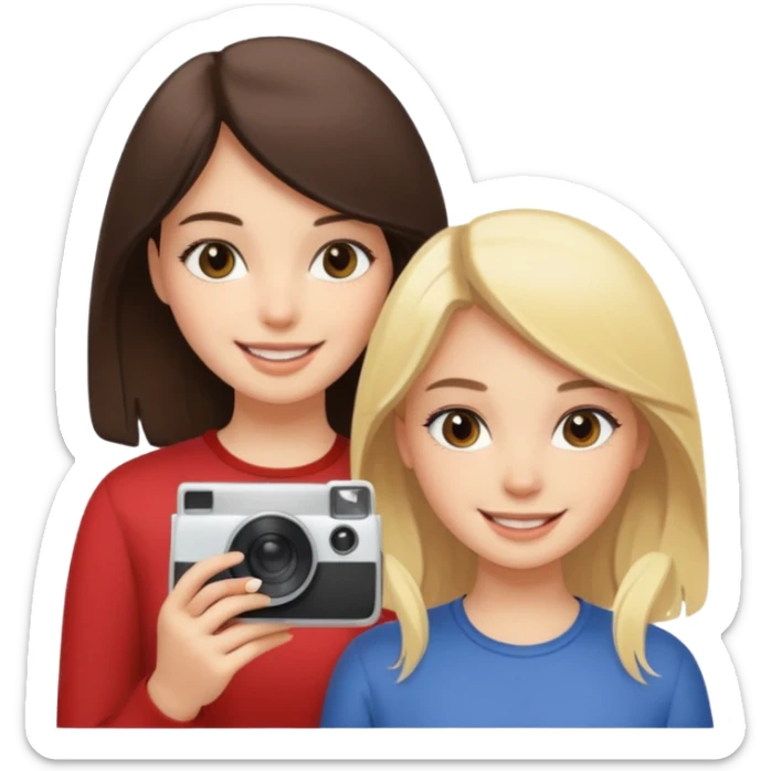 a brunette girl and a blonde girl smiling in polaroid picture sticker