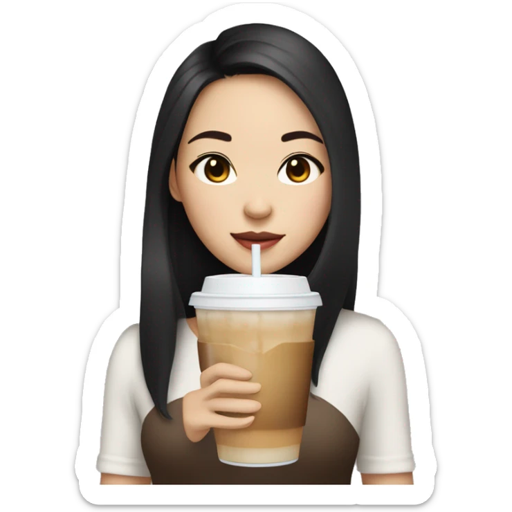 asian girl with fair skin and dark hair, full lips and doe eyes holding an iced coffee sticker