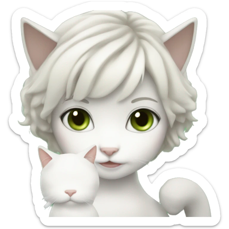white cat with tan and grey spots on head and green eyes and brunette white girl holding cat sticker