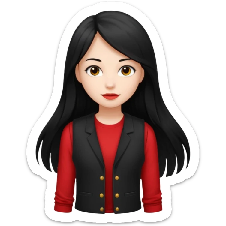 Girl with long light black straight hair and black vest and She's holding a red long-sleeved shirt from her own brand sticker